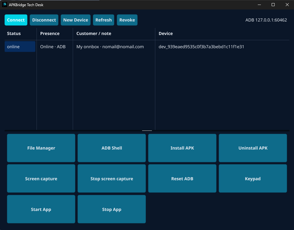 APKBridge Tech Desk — device list with Connect, Screen capture, ADB Shell, and app tools